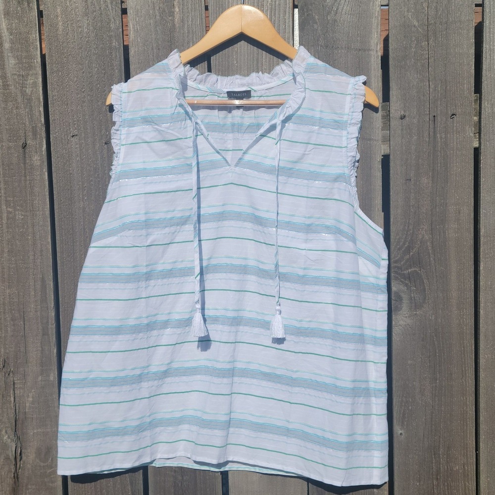Talbots Women XL White Metallic Striped Sleeveless Ruffle Neck Tassel Blouse